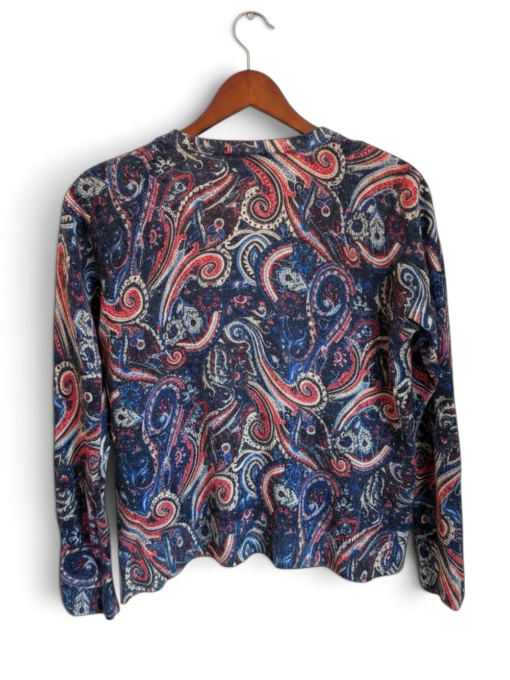 Talbots Classic Merino Wool Paisley Button Front Cardigan Sweater L Blue/Rose - Picture 5 of 13